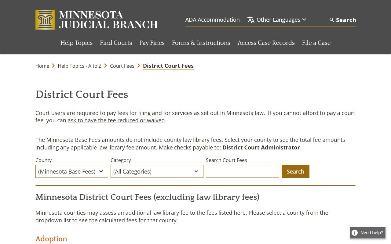 Koochiching County Court Administration District Court fees overview