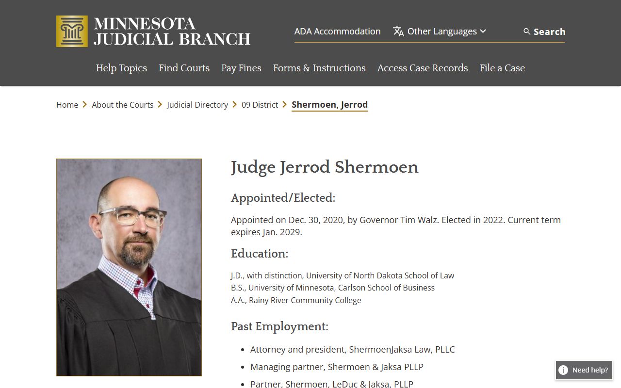 Koochiching County court dockets Judge Jerrod Shermoen biography source
