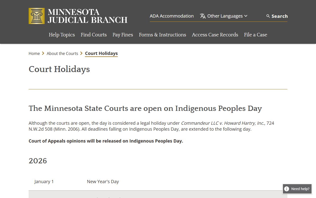 Koochiching County court dockets Minnesota court holidays source
