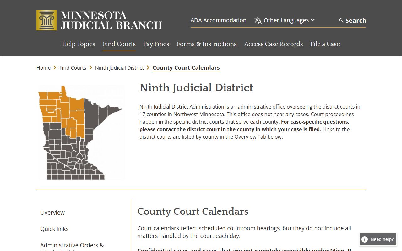 Koochiching County court dockets Ninth District county calendar source