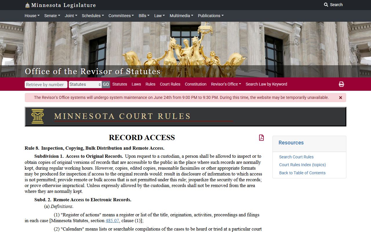 Koochiching County court records Rule 8 inspection and copying source