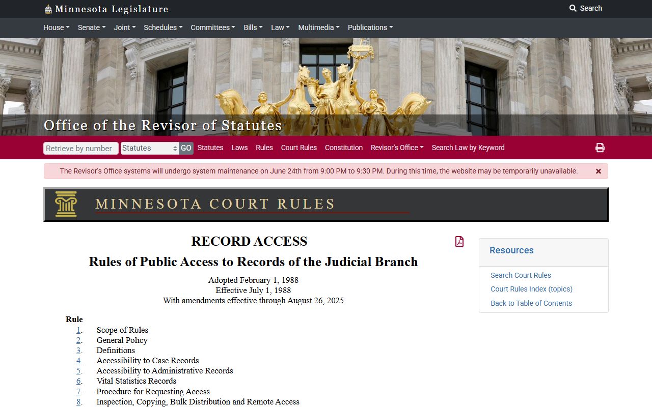 Koochiching County court records public access rules table of contents