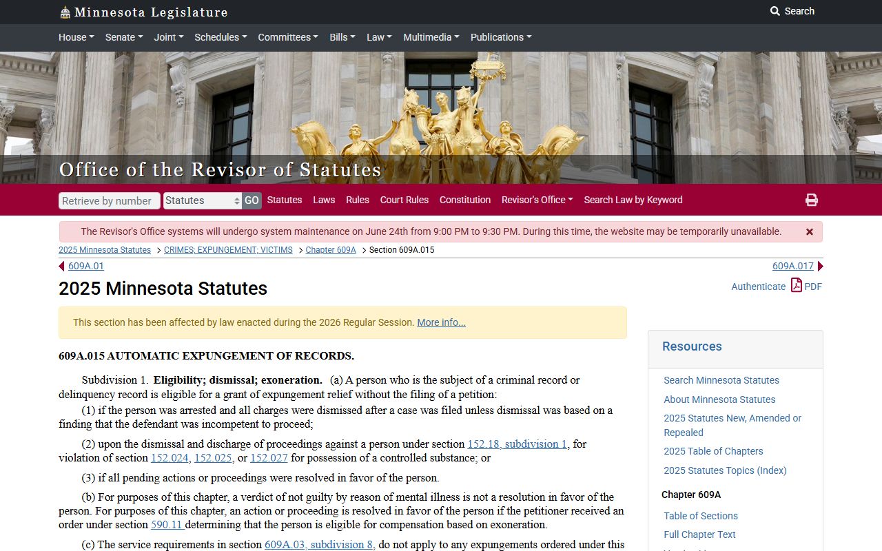 Koochiching County criminal court records automatic expungement statute source