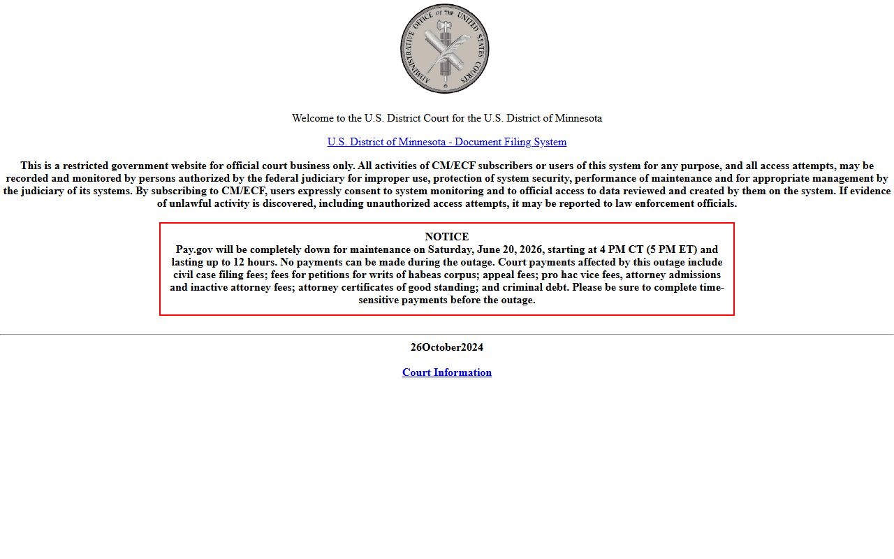 Koochiching County District Court contrast with District of Minnesota CM ECF