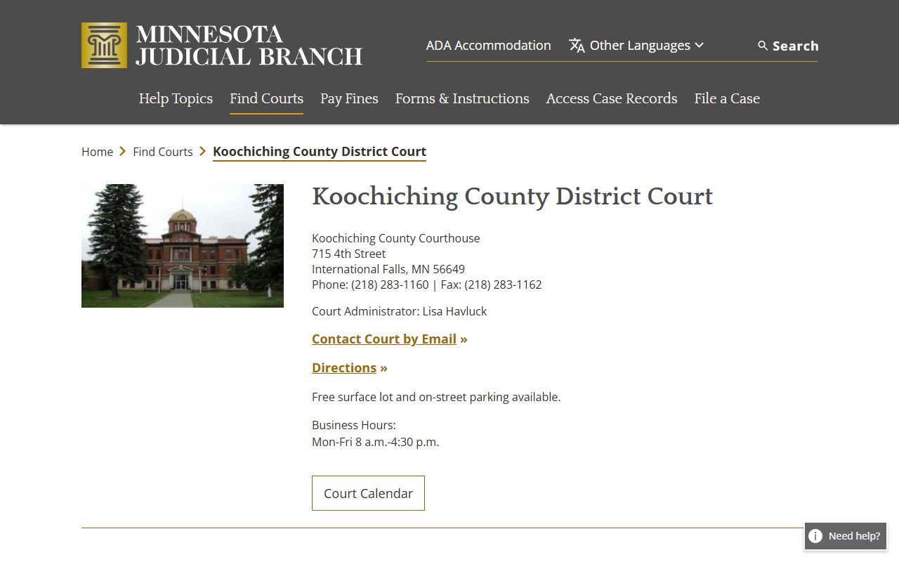 Koochiching County court records District Court page