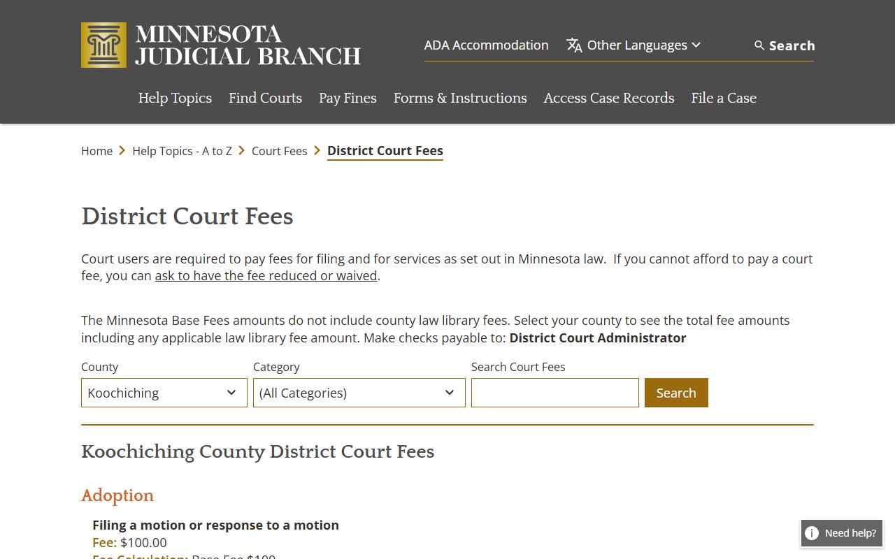 Koochiching County court records fee schedule