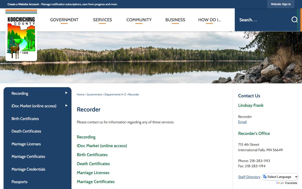 Koochiching County marriage and divorce records Recorder source