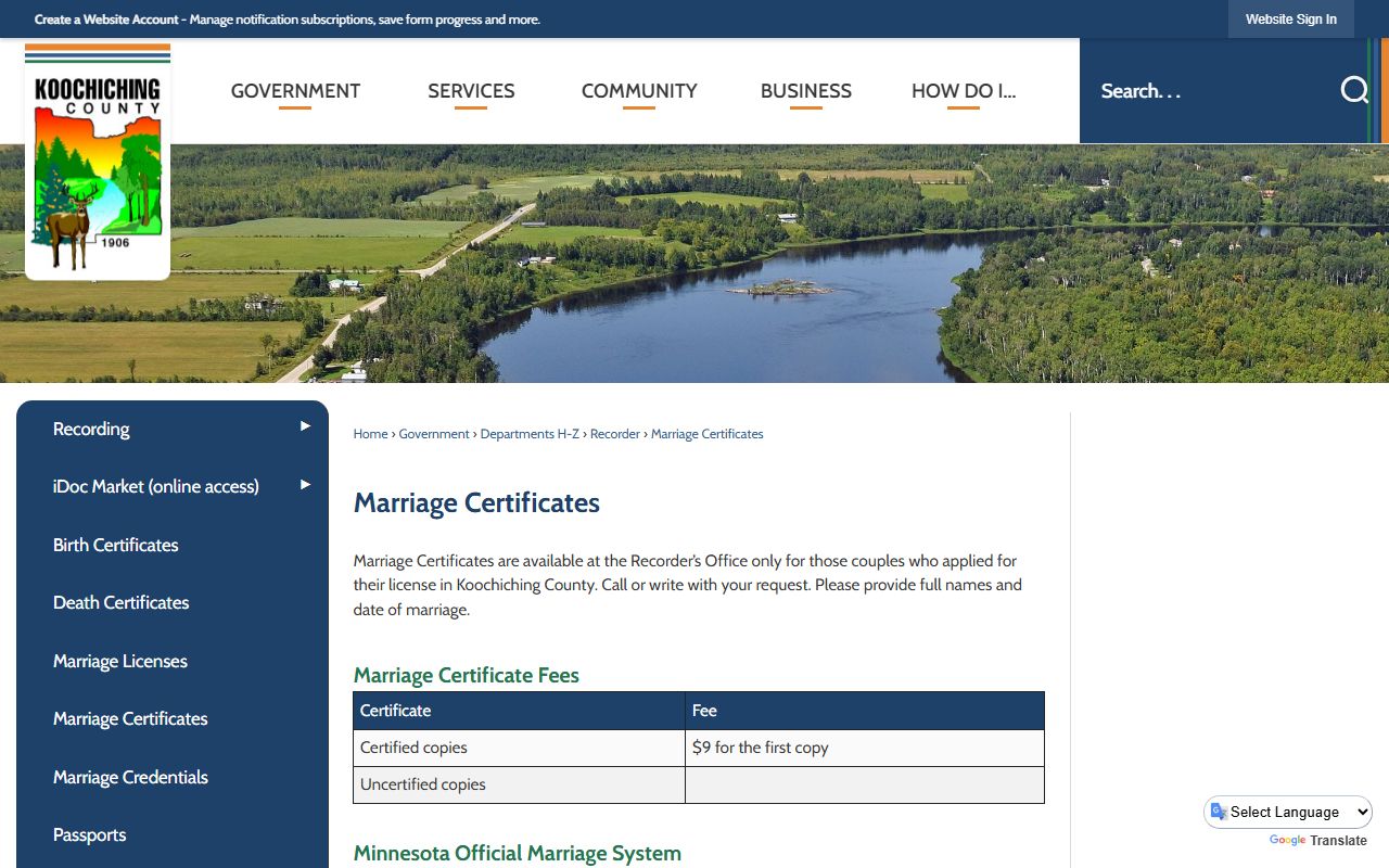 Koochiching County marriage records marriage certificate source